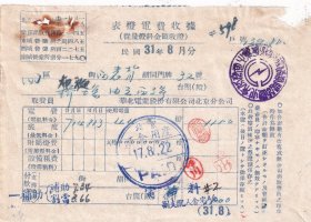 房屋水电专题---- 民国31年(1942年)华北电业股份有限公司北京分公司,表灯电费收据3980