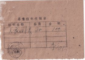 邮电和电信单据类----1969年山西省长治市邮电局,零售报刊报销单100