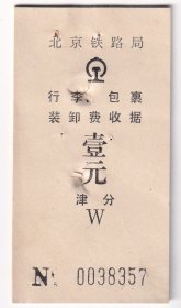 铁路杂票----1991北京铁路局, 行李,包裹,装卸费收据(壹元)