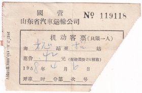 1958年国营山东省运输公司,机动客票119118(重叠号码)