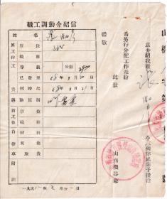 1958年山西省地方国营机器厂,职工调动介绍信321张