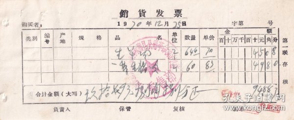 食品专题---1970年中国食品公司山西省永和县公司革命委员会,生羊肉/一等生猪肉发票1225-1