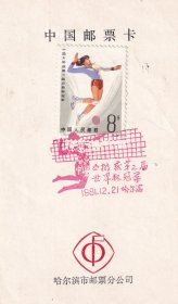 1981年哈尔滨邮票分公司,J76(2-1)中国女排荣获第三届世界杯冠军邮票首日发行纪念邮戳卡,8分-1