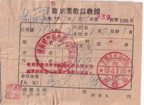 1957年黑龙江省通河县公私合营旅店第六旅馆,宿费发票(加字)100