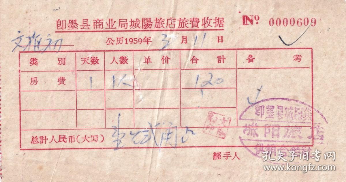 旅店专题---50年代发票单据类---1959年山东省即墨县城阳集供销合作社"城阳旅店"房费收据609