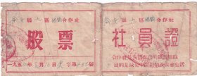 股票债券股据类----1955年桂西僮族自治区都安县第九区供销合作社"股票"社员证492
