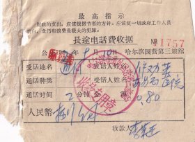 邮电和电信单据类----1971年哈尔滨道外国营第三旅馆,长途电话费收据(有最高指示)757