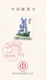 1982年哈尔滨邮票分公司,T72(6-3)药用植物邮票首日发行纪念邮戳卡,8分-1