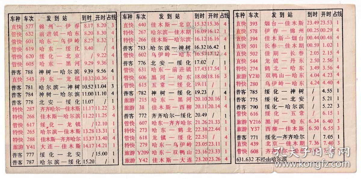 1998年10月1日"绥化火车站"列车时刻表