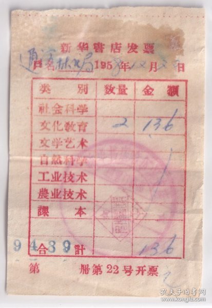 图书专题----1958年新华书店哈尔滨支店,道里门市部,文化教育书籍发票136
