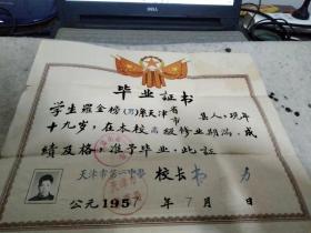 天津市第一中学毕业证 （高中  著名教育家韦力印  1957年）