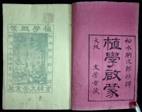 植学启蒙三卷【日本明治十三年（1880）文荣堂出版。木刻本。刊刻年代相当于清光绪六年。内有植物图版200余幅。皮纸刷印。原装三册。尺寸：22×15×2.8cm。惜有虫蛀。】