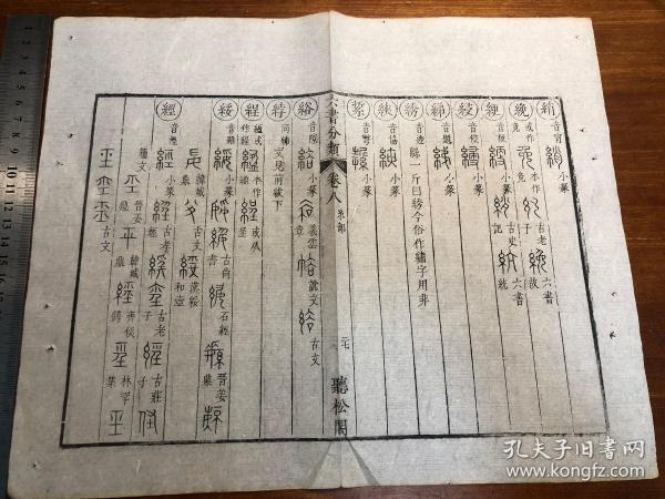 3语言文字学古文字研究：清代精写刻《六书分类》一张（筒子页）听松阁 古金石文字 古文字工具书版本独特 古书老书旧书线装书旧纸老纸标本可用作古籍版本留真谱写刻精美 极少见