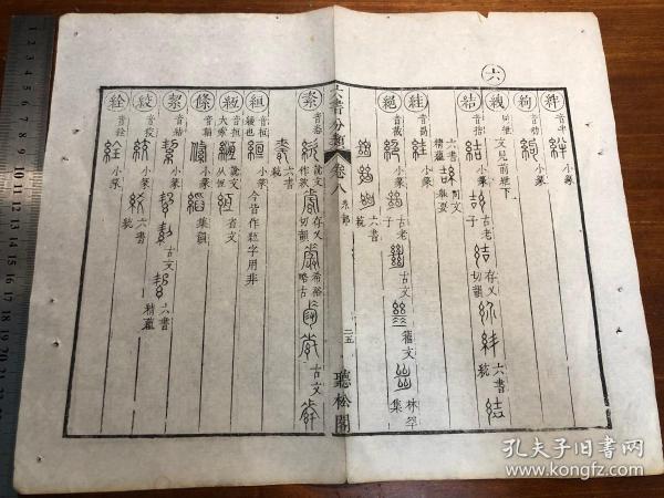 5语言文字学古文字研究：清代精写刻《六书分类》一张（筒子页）听松阁 古金石文字 古文字工具书版本独特 古书老书旧书线装书旧纸老纸标本可用作古籍版本留真谱写刻精美 极少见