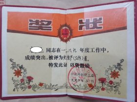 自贡鸿鹤化工总厂1989年先进生产工作者荣誉证书   （塑封本）