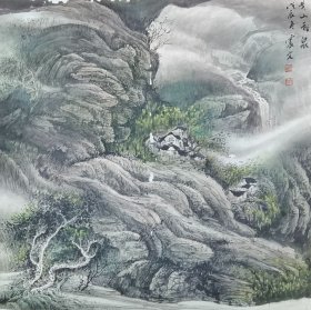 当代著名画家乐震文《黄山飞瀑》托片