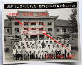 【老照片】江苏南京——南京电力专科学校，1960年，第二期干训班结业合影。有“身体好、学习好、工作好”、“学习、劳动、团结”标语。——校简史：前身1946年创办江苏省立苏州工业学校（“苏高工”）。1953年更名苏州电力学校。1954年迁南京更名南京电力学校。1958年更名南京电力专科学校。1992年更名南京电力高等专科学校。2000年与南京机械高等专科学校合并升格组建南京工程学院。