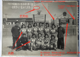 【老照片】安徽合肥—1953年体育运动—安徽省男女篮球、排球比赛大会—合肥女子篮球队，大会主席台国徽下方是斯大林语录“青年男女健儿们，希望你们努力锻錬，把五年计划四年完成！”；右侧毛主席语录“发展体育运动、增强人民体质”，左侧朱德语录“普及人民体育运动，为生产和国防服务！”。3月17日艺芳照相馆拍。