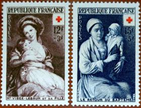 法国1953年红十字绘画附捐邮票新全 雕刻版