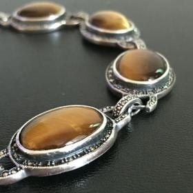 虎眼石THAILAND-ROCHJ制售宝石饰品“虎睛石”嵌银项链 16-106