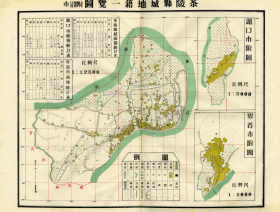 民国《茶陵县城地籍一览图（附湖口市界首市）》（原图高清复制），（民国株洲茶陵老地图，茶陵县老地图），全图规整，图例丰富，色彩雅致，附《茶陵县城面积统计表》《湖口市场面积统计表》《界首市场面积统计表》，请看图片。民国茶陵县地理地名历史变迁重要史料，博物馆级史料地图。裱框后，风貌佳。