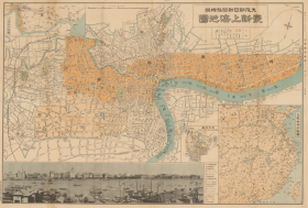 【提供资料信息服务】民国1932年《最新上海地图（大坂朝日新闻特撰）》（原图高清复制）民国上海老地图，上海市区街详图。全图开幅巨大80X120CM，绘制十分详细，下方附黄浦江长幅图片，图中用序号标注各大楼，附表注明各序号对照大楼机关名称。左上附《吴淞略图》。图中上海各租界区分别设色，十分雅致。右下落款为篆字“凸版印刷株式会社大坂工场印”，上海市区街道地理地名历史变迁重要史料。裱框以后风貌佳。