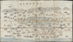 光绪二十年（1901年）《山海关全图》（原图高清复制）（秦皇岛山海关老地图），光绪二十六年，庚子国难，八国联军入侵北京，次年签订《辛丑条约》，六国在山海关修建兵营，现六国兵营除英国营盘外，基本尚存。此图为其时所绘，图中标注了大量已经消失的地名，请看海神庙、天后宫。山海关地理地名历史变迁重要史料。裱框后。风貌佳。