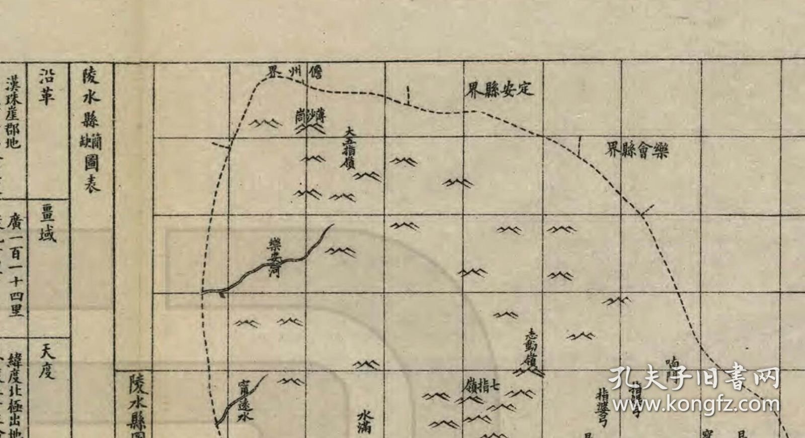 【提供资料信息服务】清《陵水县地图》（原图高清复制）琼州府陵水县老地图，陵水老地图。全图右侧为陵水县域地图。左侧是陵水县治资料，有沿革、疆域、天度、山镇、水道、官职等记述。海南岛陵水县地理地名历史变迁史料老地图。裱框之后，风貌佳。