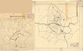 民国《阳泉老地图》（原图高清复制），（民国平定县阳泉市老地图），全图有两幅组成，左侧为《阳泉地区道路建设事业图》，左侧为《阳泉附近计划要图》，请看计划图图例，请看道路建设图中矿山、寺庙、村庄。阳泉地区少见民国地图。阳泉地理地名历史变迁重要史料。裱框后，风貌佳。