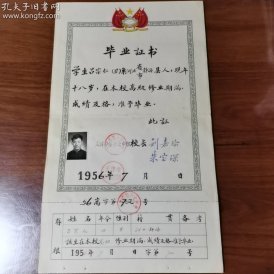 1956年天津市第十七中学毕业证书 (带吕宗仁黑白照片、有存根) 河北省静海县人