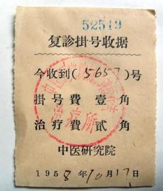 50年代医疗老票证：1958年  中医研究院  票据