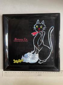 日本回流螺钿（贝壳）镶嵌招财猫黑漆方盘