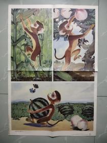六年制小学课本语文第二册教学图片——小猴子下山【对开2张一组合售】