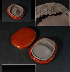 端砚 花草彫 天然木盒 砚台 文房具