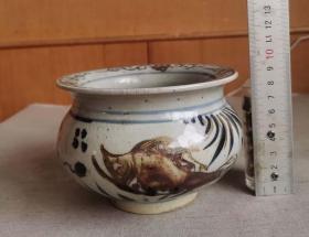 元末明初青花釉里红描金鱼藻纹香炉