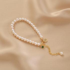 简约时尚天然淡水小珍珠手链女小众14K包金福牌吊坠手饰新年礼物