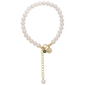 简约时尚天然淡水小珍珠手链女小众14K包金福牌吊坠手饰新年礼物