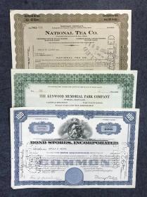 [老股票] 1956年上海市自来水公司营业所水费账单（代*据）、美国股票等共13件， 包括NATIONAL TEA CO. 美国国家茶叶公司等股票 (The Gift of History, Authentic Paper Stock and Bond Certificates RM Smythe Old Company Stock Research Since 1880)