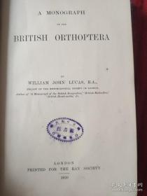 The Ray Society : British Orthooptera【百年英文插页老书。国立中央大学馆藏，藏书票一枚】单面插页25幅