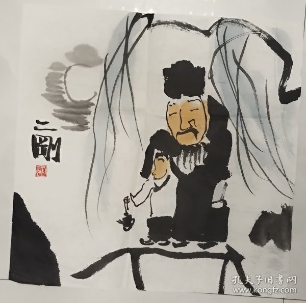 A005 精品文人国画小斗方当代仿品   35x35 雅士醉过独木桥