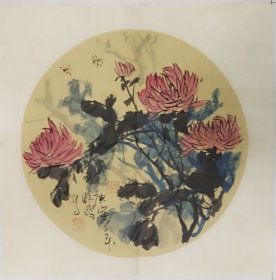 A032 国画团扇  九月菊花美  34x34