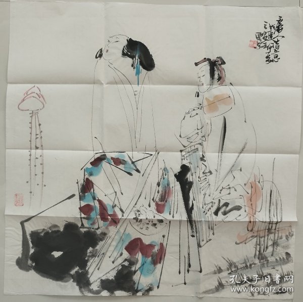 A016 精品国画仕女斗方  亭亭玉立伴池塘 68x68