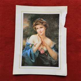 怀旧收藏 4开 装饰画《美丽女士》90年代 欧洲美女和花