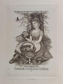 国外——Franz Johann Pilz 藏书票版画原作1精品收藏 1986年《采蘑菇的小姑娘》