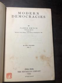 民国时期外国书  MODERN DEMOCRACIES【VOLUME 1】现代民主国家（布面精装）1924年版 白赉士著