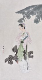 【纯手绘】河南美协工笔画名家李老师工细人物画作品《独步闲庭》RW1239，古代仕女图美女人物画，四尺整张（131 X 65CM）