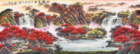 【店主推荐~聚财山水画~办公室客厅招财挂画】山西美协名家，张大千大师再传弟子杨老师纯手绘山水画《鸿运万里》SS4251，笔意含蓄凝重、墨色融合多变等长处，在大红大绿的色彩使用中大胆且不失典雅！