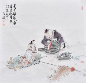 【九年老店，六千好评，作品取自画家本人，终身保真】保定市美协名家王老师写意人物画《夏日婴戏图》RW1221，作品画格调高雅，含苍带润的笔墨里无不体现一种大气和灵动之感。