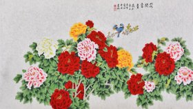 【纯手绘】中央美院凌老师，其绘画风格细腻、艳丽、富有神韵，工笔花鸟画《花开富贵》HN15370，六尺整张（173×93厘米）