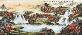 【精品山水画】【当代实力派画家 】 傅老师 傅抱石弟子，后得著名篆刻家骆芃芃和熊伯齐先生亲自指导，多次获国内大奖，重彩精品山水作《溪山初晓图》小八尺 原创保真！有合影！SS3654